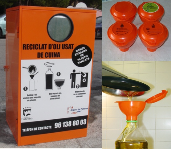 contenedor y embudos para reciclar aceite de cocina
